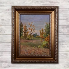 Autumn Meadow Forest Landscape Antique Framed Oil Painting by Ukrainian Artist