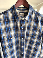 Authentic Fossil 54 Blue Plaid Shirt Double Pockets Men’s Large