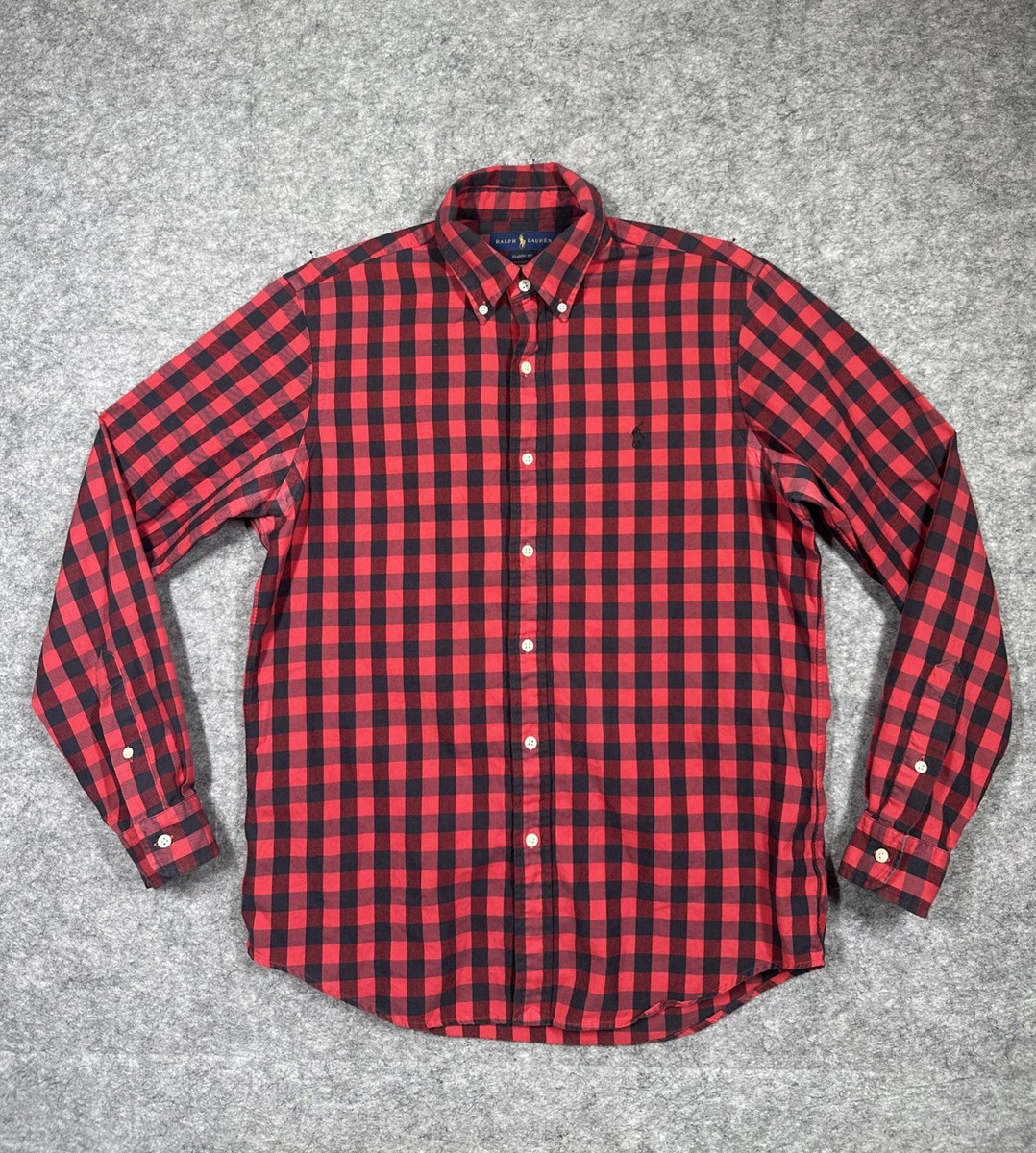 Polo Ralph Lauren Classic Fit Performance Dress Shirt Men M Black Red Plaid