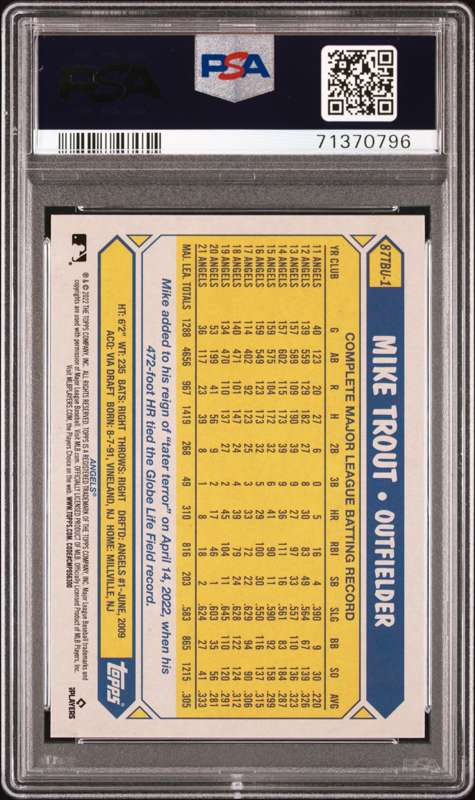 2022 TOPPS UPDATE 1987 TOPPS BASEBALL #87TBU1 MIKE TROUT PSA 10 view 2