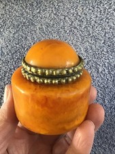 Marble Amber Glass ? Jar Butterscotch Bakelite Color Lined Lid Vanity Spice