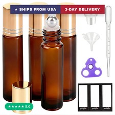 4 Pack Amber Glass Oil Roller Bottles for Essential Oils 10ml, Roll On Bottles w