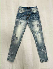 AMIRI Men  s Blue Slim Fit Skinny Distressed Embroidered Jeans In Size 32