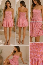 Free People NWT Coral Combo Strapless Smocked Bubble Mini Dress Size M MSRP $108