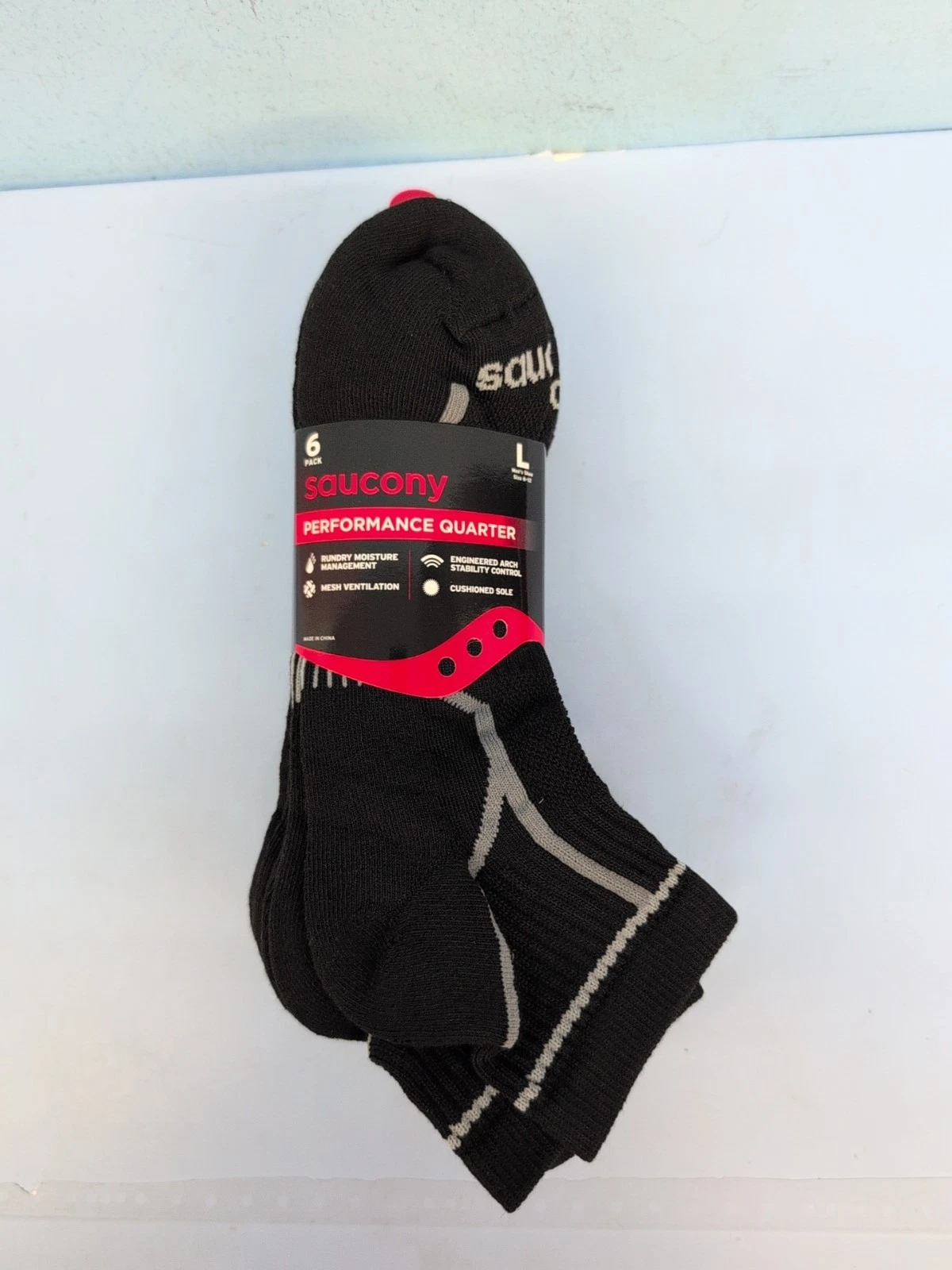 Saucony Men's Performance Comfort Fit Quarter Socks Pack Of 6 Large Black