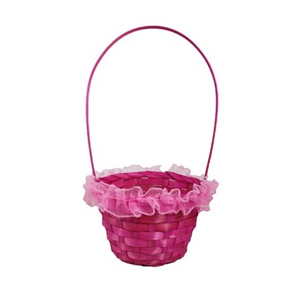 Easter Wicker Basket with Handle and Frilly Edge for Egg Hunt, Treat Hamper Pink