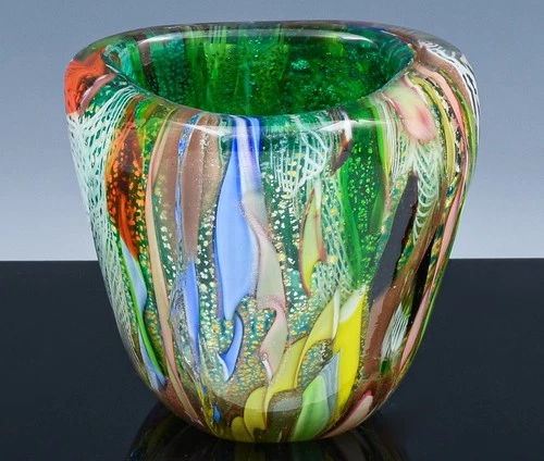 MID CENTURY MODERN MURANO ITALIAN AVEM BIZANTINO TUTTI FRUTTI ART GLASS VASE #2