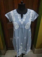 S 39" M 40" ETHNIC DENIM 100 COTTON TOP HANDMADE CHIKAN EMBROIDERY KURTA KURTI