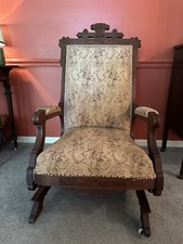 Antique Victorian Platform Rocker Walnut Upholstered Parlor Chair — listing 3
