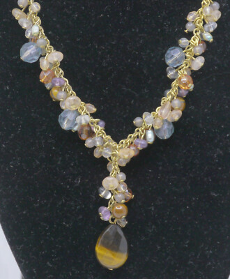 L - VINTAGE AVON SP NECKLACE & PIERCED EARRING SET w TIGER EYE STONES, BEADING