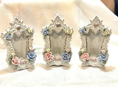 Vintage 3D Photo Frame Roses Victorian Porcelain Free-Standing Gold Accents