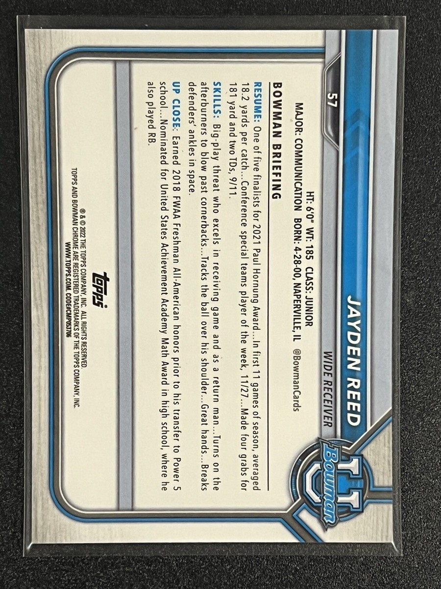 2022 Topps Bowman University Jayden Reed 1st Bowman Gold Refractor 