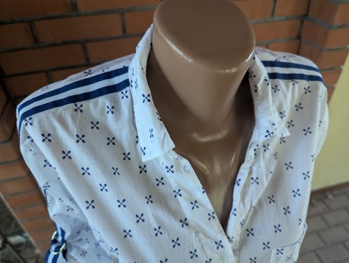 Emily van den bergh Size 40 white/blue roll tab sleeve womens shirt blouse - Picture 9 of 17