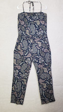 H M Women Jumpsuit 10 Blue Floral 100 Cotton Sleeveless Halter Casual Fit Pants