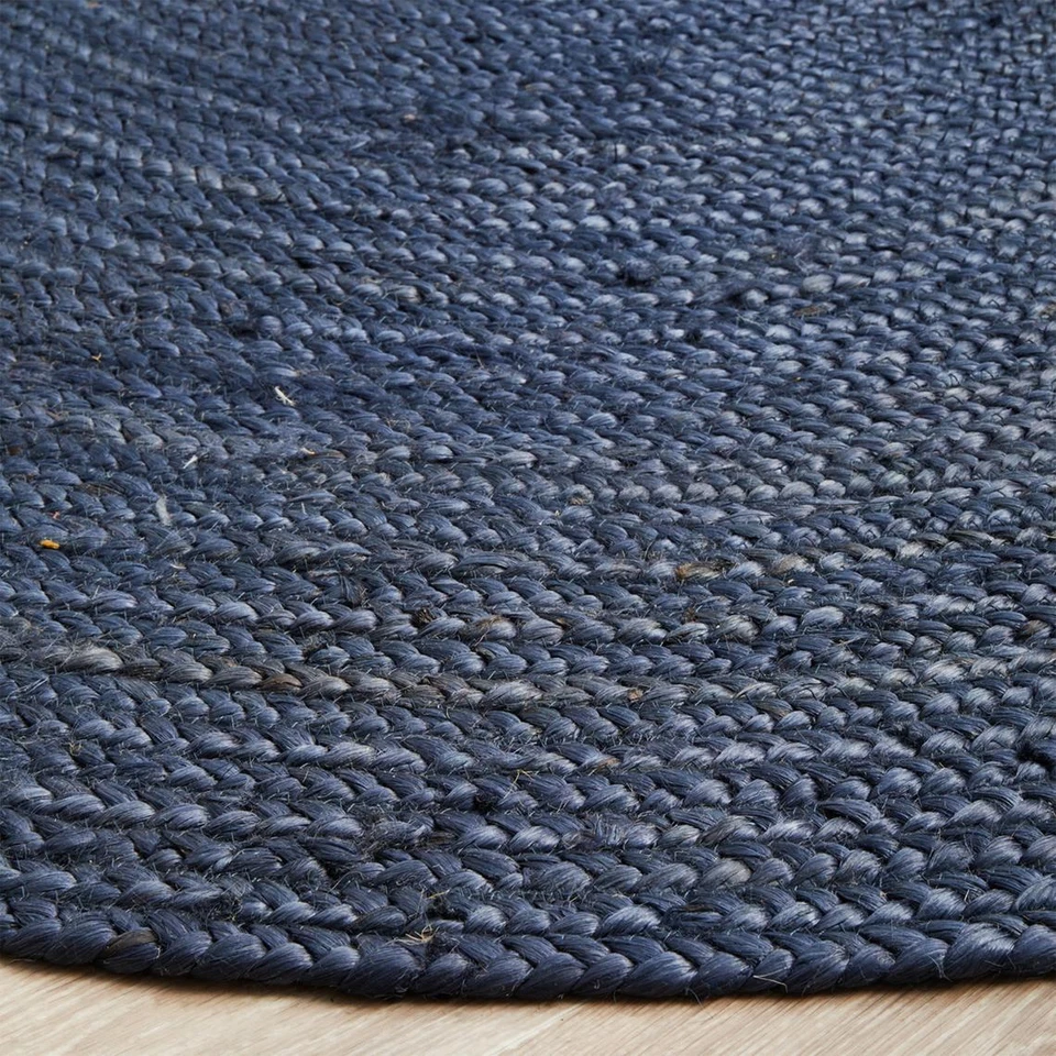 Jute Rug Round Blue Dye Hand Braided Jute Natural Fiber Area Rug - Image 3 of 4