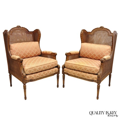 Vintage French Louis XVl Style Carved Walnut Cane Bergere Lounge Chairs - a Pair