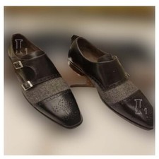 Handmade Men's Black Gray Double Monk Strap Brogue Leather Cap Toe Shoes, Sale !