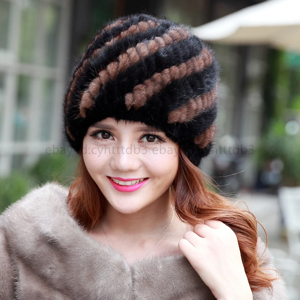 Sombrero de piel de visón real invierno cálido tejido gorros elástico exterior esquí sombrero Foto 4 de 4