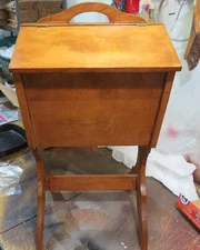 Vintage Wooden Standing Sewing Box With Legs and Double-Hinged Lid