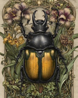 Hercules Beetle While Resting Displaying Black and Yellow Coloring Art/527486178