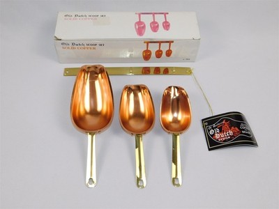 Vintage Old Dutch Solid Copper 4 Piece Scoop Set with Brass Handles NEW in BOX