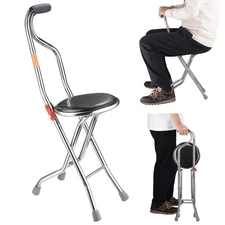 Medical Walking Stick w/ Seat Folding Chair Portable Cane Travel Eldely Care Aid