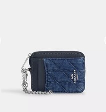 NWT Coach Zip Card Case Wallet With Quilting Navy Blue Silver Chain 150