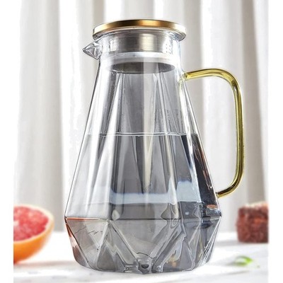 Glaskaraffe mit Deckel, 2 Liter, Wasserkrug in modernem Diamantdesign, Glaskr...