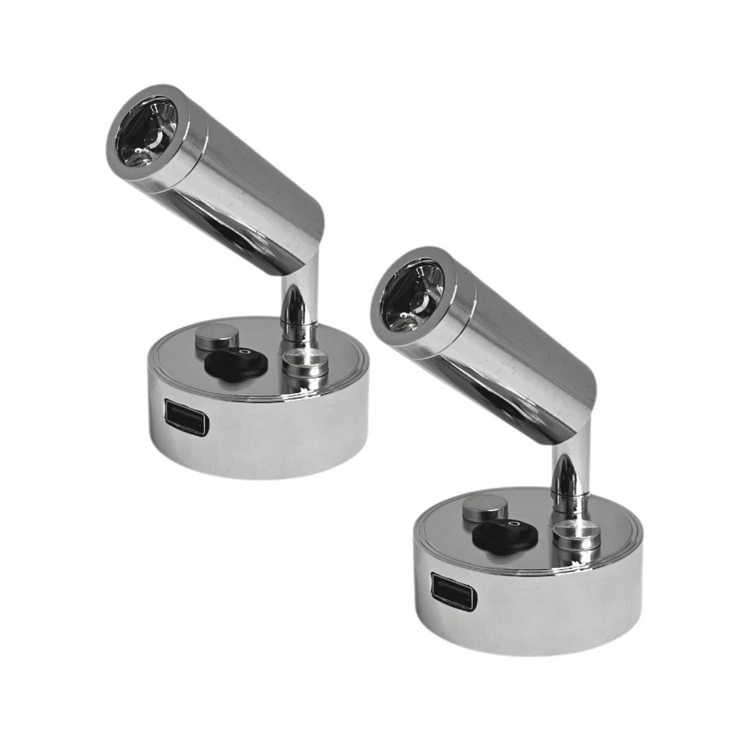 12V LED Reading Light USB Port Chrome Campervan Caravan Boat Lamps Pack of 2