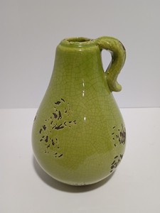 Vintage Studio Pottery Handled Vase Green Pear Crackle Glaze Signed JW Heavy MCM