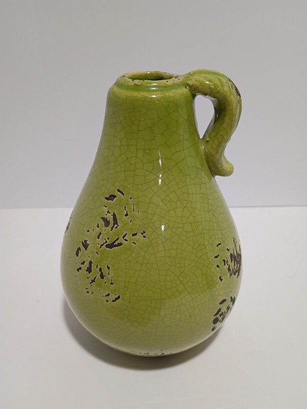 Vintage Studio Pottery Handled Vase Green Pear Crackle Glaze Signed JW Heavy MCM