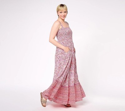 Destination 365 Maxi Dress Small Regular Printed Pink Paisley Eyelet Embroidery
