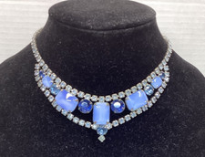 Vintage Bib Style Necklace Blue Glass Milk Stone Cabochons & Blue Rhinestones