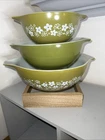 VTG Lot Pyrex Cinderella Bowls: Spring Blossom 444, 442. Green Verde Avocado 443