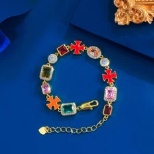 Women Gold Plated Cross Charm Chain Bracelet Cubic Zirconia Wedding Prom Jewelry