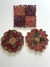 Vintage Woven Wicker Rattan Raffia Trivet Hot Pad Plates Boho Lot of 3 Round 7”