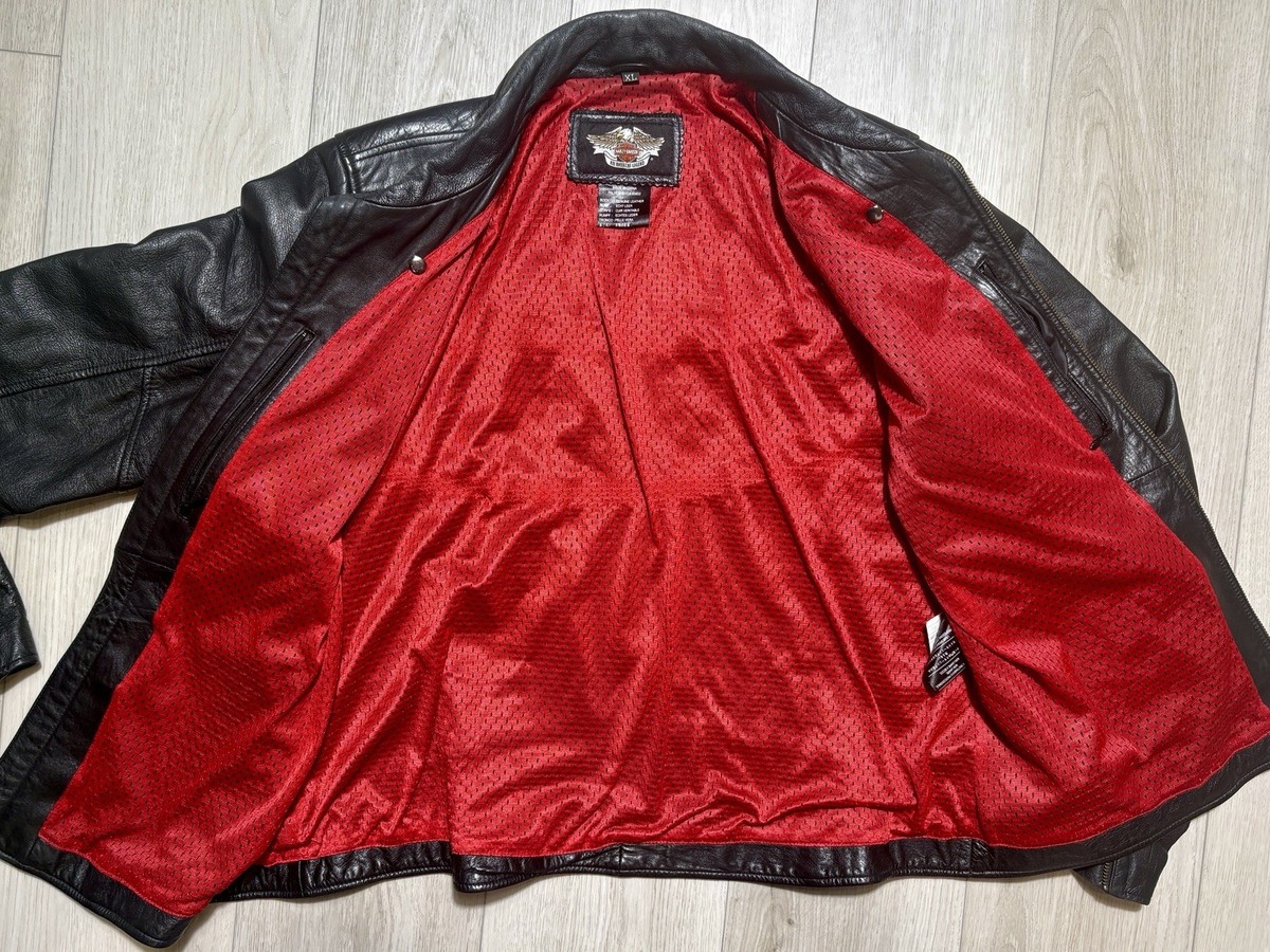 Harley Davidson Leather Moto Jacket Black Flame Logo Womens XL Y2K