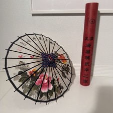 Hand Painted Chinese Paper Parasol Umbrella Calligraphy Floral Peony w/ Case