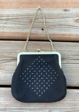 Vintage Beaded Evening Handbag Black Gold Chain Prom Wedding Gala Small Mini Bag