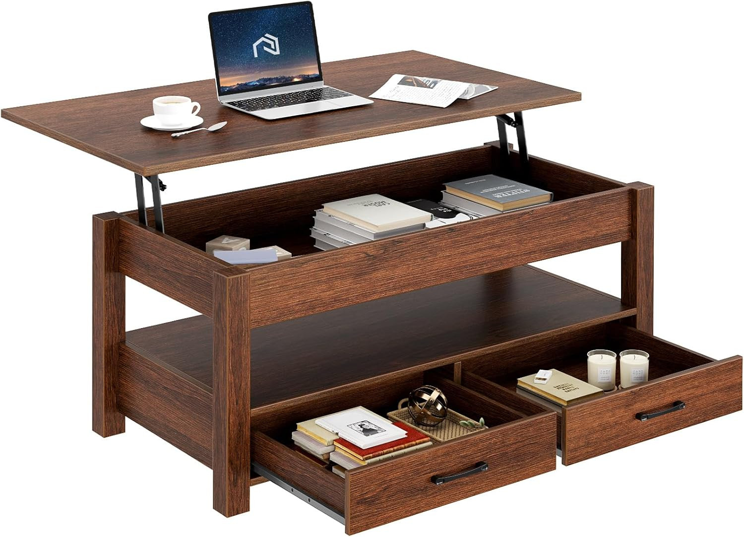 Coffee Table, Lift Top Coffee Table with Drawers and Hidden Compartment, Retro C