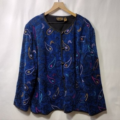 Vintage Allure Embroidered Paisley Jacket Women's 2X Blue Bobo Retro Artsy