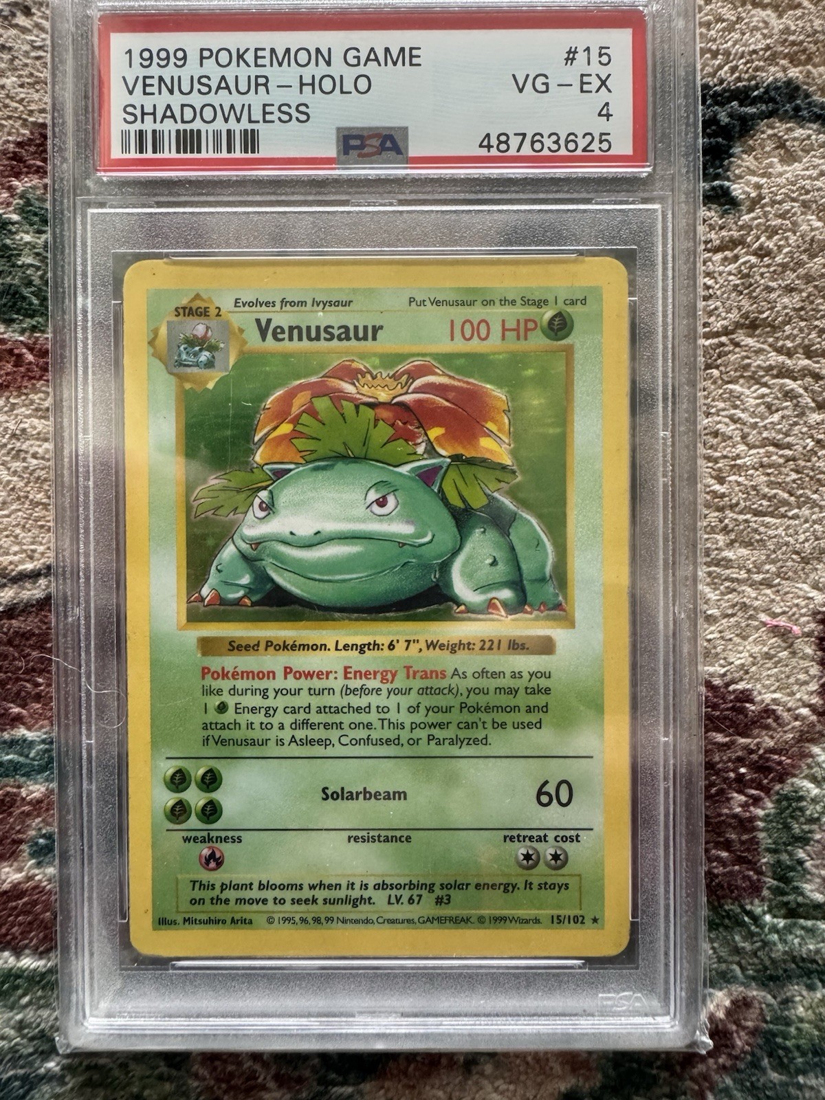 Pokémon Venusaur Base Set Shadowless Holo Rare 15/102 English 1999 PSA 4