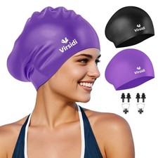 2 PCS Swim Cap for Women Men Adult Silicone Short Long Hair Nose Clip Ear