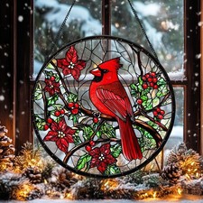 Cardinal Bird Faux Stained Glass , Christmas Window Hanging, Red Cardi