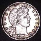 1914 BARBER SILVER QUARTER 25C, AU/UNC , MOTTO, SHIELD ,LIBERTY ,STARS