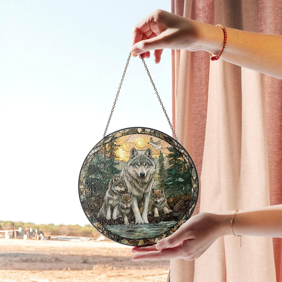 Atrapasol de vitral Wolf Family, decoración de vida silvestre de naturaleza, regalo del día del padre” Foto 2 de 4