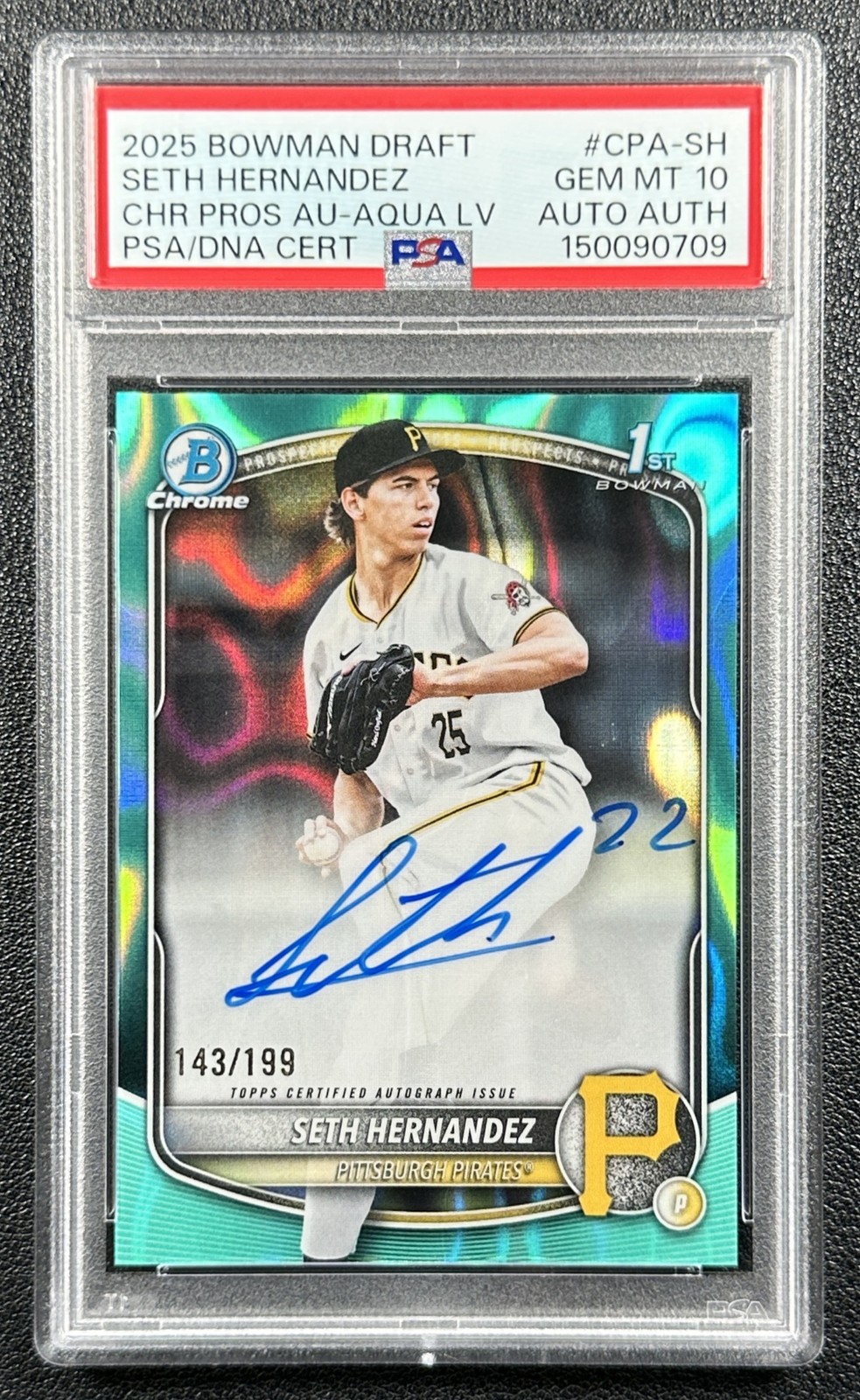 SETH HERNANDEZ PSA 10 2025 BOWMAN CHROME DRAFT AQUA LAVA REFRACTOR AUTO 143/199 view 1