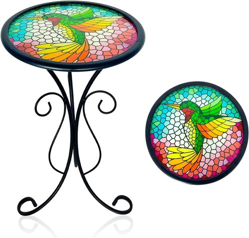 Lightweight Hummingbird Mosaic Side Table - Elegant 12" Glass for Outdoor Use - Picture 3 of 11