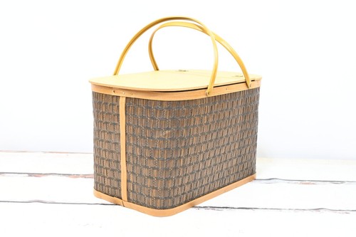 Vintage 1979 Burlington Hawkeye Picnic Basket Woven Wood Brown With Original Box - Picture 5 of 14