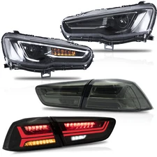 Customized ALL BLACK Headlights+SMOKED Taillights for 08-17 Mitsubishi Lancer
